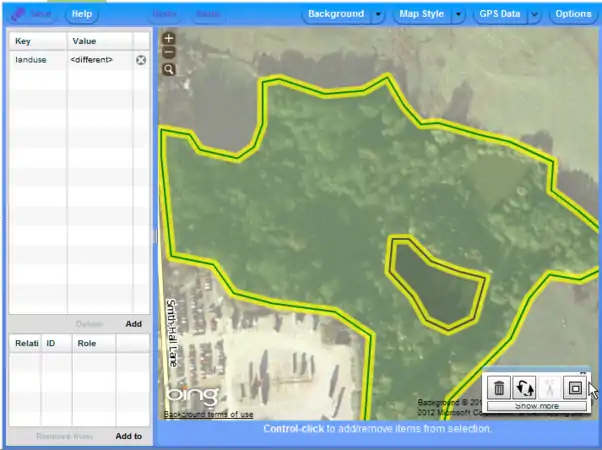 Potlatch 2 multipoligon példa – megjelenik a fánk (doughnut) ikon