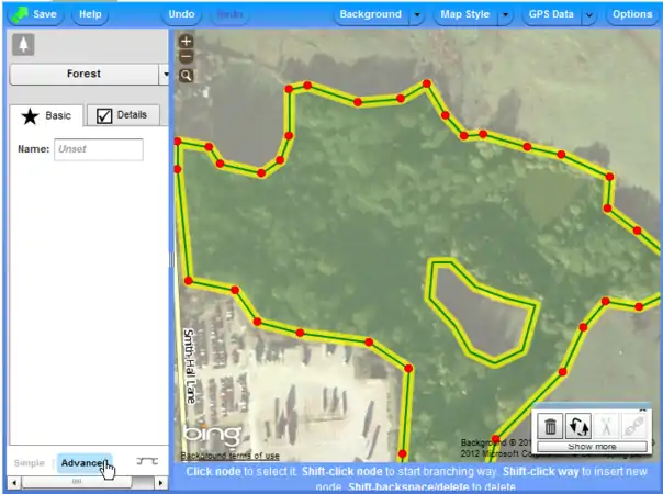 Potlatch 2 multipoligon példa – kattints az "Advanced"-re!
