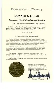Full and unconditional pardon signed by Donald Trump on 13 January 2021