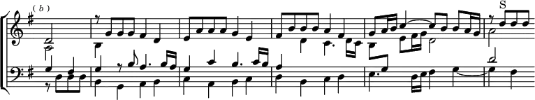 \new ChoirStaff << \override Score.BarNumber #'break-visibility = #'#(#f #f #f) \override Score.TimeSignature #'stencil = ##f
\new Staff = "up" \relative d' { \key g \major \time 4/4 \partial 2 \mark \markup \tiny { (\italic"b") } <<
{ d2 | r8 g g g fis4 d | e8 a a a g4 e | fis8 b b b a4 fis |
g8 a16 b c4 ^~ c8 b b a16 g | r8 d'^"S" d d } \\
{ a,2 | b4 s2. | s1 | s4 d c4. d16 c |
b8 \change Staff = "down" \stemUp g \stemDown \change Staff = "up" e' fis16 g d2 | a' } >> }
\new Staff = "down" \relative g << \clef bass \key g \major
{ g4 fis | g r8 b a4. b16 a | g4 c b4. c16 b |
a4 s2. s1 d2 } \\
{ r8 d, d d | b4 g a b | c a b c | d b c d |
e4. d16 e fis4 g _~ | g fis } >> >>