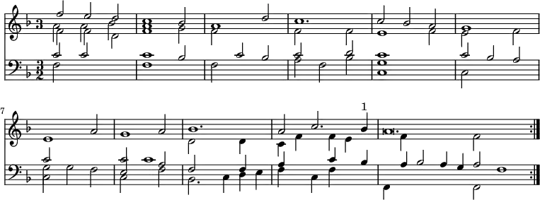 { << \new Staff = "Up" \relative f'' { \key f \major \time 3/2 \override Staff.TimeSignature.style = #'single-digit
<< { f2 e d | c1 bes2 | a1 d2 | c1. | %end line 1
c2 bes a | g1 s2 | e1 a2 | g1 a2 | %end line 2
bes1. | a2 c2. bes4^"1" | a\breve. \bar ":|." } \\
{ f2 f d | f1 g2 | f2 s1 | f2 s f | %end line 1
e1 f2 | e2 s f | \change Staff = "Down" \stemUp c2 s1 | c2 c1 %eol2
\change Staff = "Up" \stemDown d2 s d4 s |
c f s f e s | s f s1 \bar "" f2 } \\
{ \stemDown a2 a bes | a1 } >> }
\new Staff = "Down" \relative c' { \key f \major \clef bass
<< { c2 c s | c1 bes2 | s c bes | c s d | %end line 1
<c g>1 s2 | c2 bes a | \stemDown g g f \stemUp e s a | %eol2
f2 s f4 s | a s s c s bes | s a bes2 a4 g a2 f1 } \\
{ f2 s1 | f1 s2 | f2 s1 | a2 f bes | %end line 1
c,1 s2 | c2 s1 | c2 s1 | c2 s f | %end line 2
bes,2. c4 d e | f s c f s2 | f,4 s s1 f2 } >> } >> }