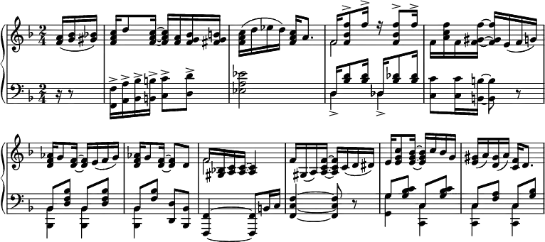 { \new PianoStaff <<
{ << \new Staff \relative a' { \key d \minor \time 2/4 \partial 8. \override Score.BarNumber #'break-visibility = #'#(#f #f #f)
<a f>16( <bes g> <bes! gis>) |
<c a f> d8 <c a f>16 ~ q <a f> <bes g f> <b g fis> |
<c a f>( d ees d) <c a f> a8. |
<< { \once \override NoteHead #'duration-log = 1 f16 <f bes f'>8^> f'16^> r q8^> f16^> } \\ { f,2 } >>
f16 <a c f> f <f gis f'> ~ q e( f g) | %end line 1
<aes f d> g8 <f d>16 ~ q e( f g) |
<aes f d> g8 <f d>16 ~ q8 d |
<< { \once \override NoteHead #'duration-log = 1 f16 <bes,! gis> <c a> q ~ q4 } \\ { f2 } >> |
f16 gis,( a) <a c f> ~ q c( d dis) |
e <e g c>8 <e g bes>16 ~ q c' bes g |
<gis e>( a) <gis d>( a) <f c>16 d8. }
\new Staff << \clef bass \key d \minor
\new Voice \relative f {
r16 r8 |
<f f,>16^> <a a,>^> <bes bes,>^> <b b,>^> <c c,>8^> <d d,>-> |
<ees a, ees>2 | \stemUp
d,16 <bes' d>8 q16 des, <bes' des>8 q16 | s2 | %end line 1
bes,8 <d f bes> bes q |
bes <f' bes> <d d,> <bes bes,> |
<f f,>4 ~ q8 b16 c | <f c f,>4 ~ q8 r |
g <g bes c> c, q | c <f a> c <g' bes> }
\new Voice \relative d { \stemDown
s8. s2 s | d4_> des_> |
<c c'>8 q16 <b b'> ~ q8 r | %end line1
<bes, bes'>4 q | q s s1 |
<g' g'>4 <c, c'> | q q } >> >> }
>> }
\layout { }
\midi { \tempo 4 = 52 }