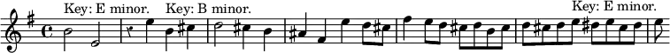 \relative b' { \key e \minor \time 4/4 \override Score.Rest #'style = #'classical b2^"Key: E minor." e, | r4 e' b^"Key: B minor." cis | d2 cis4 b | ais fis e' d8 cis | fis4 e8 d cis d b cis | d cis d e^"Key: E minor." dis e cis dis | e }