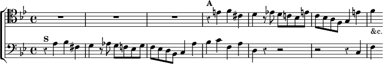 \new ChoirStaff << \override Score.Rest #'style = #'classical
\new Staff \relative e' { \clef tenor \key bes \major \time 4/4 R1*3
r4^\markup \bold "A" e f cis |
d r8 ees! d c! bes e | c bes a f g4 e' | f_"&c." }
\new Staff \relative a { \clef bass \key bes \major
r4^\markup \bold "S" a bes fis | g r8 aes g f! ees g |
f ees d bes c4 a' | bes c f, a |
d, r r2 | r r4 c | f } >>