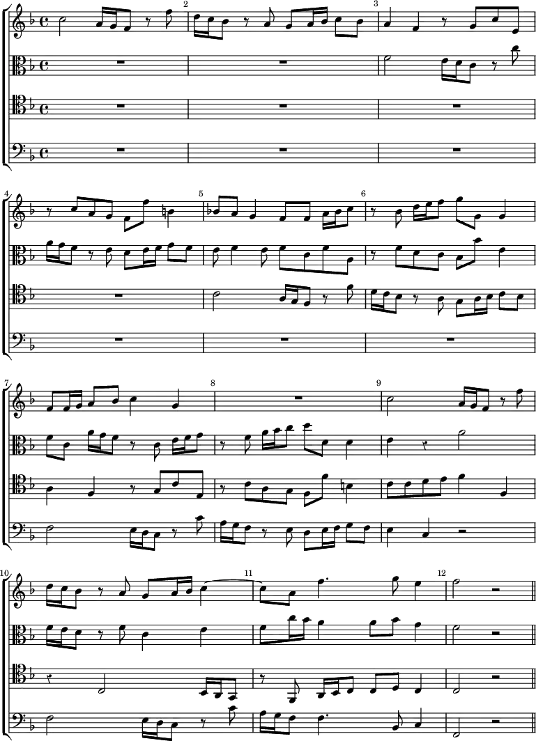 \new ChoirStaff << \override Score.Rest #'style = #'classical \override Score.BarNumber.break-visibility = ##(#f #t #t) \set Score.barNumberVisibility = #all-bar-numbers-visible
\new Staff \relative c'' { \key f \major \time 4/4 \bar ""
c2 a16 g f8 r f' | d16 c bes8 r a g a16 bes c8 bes |
a4 f r8 g c e, | r c' a g f f' b,4 | bes!8 a g4 f8 f a16 bes c8 |
r8 bes d16 e f8 g g, g4 | f8 f16 g a8 bes c4 g | R1 |
c2 a16 g f8 r f' | d16 c bes8 r a g a16 bes c4 ~ |
c8 a f'4. g8 e4 | f2 r \bar "||" }
\new Staff \relative f' { \clef alto \key f \major
R1*2 f2 e16 d c8 r c' | a16 g f8 r e d e16 f g8 f |
e f4 e8 f c f a, | r f' d c bes bes' e,4 |
f8 c a'16 g f8 r c e16 f g8 | r f a16 bes c8 d d, d4 |
e r a2 | f16 e d8 r f c4 e | f8 c'16 bes a4 a8 bes g4 | f2 r }
\new Staff \relative c' { \clef tenor \key f \major
R1*4 c2 a16 g f8 r f' | d16 c bes8 r a g a16 bes c8 bes |
a4 f r8 g c e, | r c' a g f f' b,4 | c8 c d e f4 f, |
r c2 bes16 a g8 | r f a16 bes c8 c d c4 | c2 r }
\new Staff \relative f { \clef bass \key f \major
R1*6 f2 e16 d c8 r c' | a16 g f8 r e d e16 f g8 f | e4 c r2 |
f e16 d c8 r c' | a16 g f8 f4. bes,8 c4 | f,2 r } >>