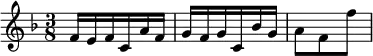 { \relative f' { \key f \major \time 3/8
f16 e f c a' f | g f g c, bes' g | a8 f f' } }