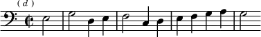 \relative e { \clef bass \key c \major \time 2/2 \partial 2 \mark \markup \tiny { ( \italic d ) } e2 | g d4 e | f2 c4 d | e f g a | g2 }