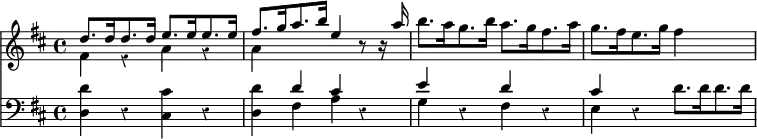 << \override Score.Rest #'style = #'classical \new Staff { \time 4/4 \key d \major << \new Voice \relative d'' { \stemUp d8.[ d16 d8. d16] e8.[ e16 e8. e16] | fis8.[ g16 a8. b16] e,4 r8 r16 a | \stemNeutral b8.[ a16 g8. b16] a8.[ g16 fis8. a16] | g8.[ fis16 e8. g16] fis4 s } \new Voice \relative f' { \stemDown fis4 r a r a } >> }
\new Staff { \clef bass \key d \major << \new Voice \relative d' { \stemUp s1 s4 d cis s e s d s cis } \new Voice \relative d { \stemDown <d d'>4 r <cis cis'> r <d d'> fis a r | g r fis r | e r d'8.[ d16 d8. d16] } >> } >>