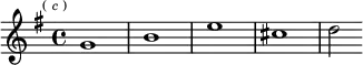 \relative g' { \key g \major \time 4/4 \mark \markup \tiny { ( \italic c ) } g1 b e cis d2 }