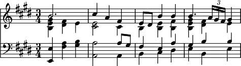<< \new Staff { \key e \major \time 3/4 \relative b' { << { b2. | cis4 a fis | e8 dis b'4 b | b4. \times 2/3 { a16 gis fis } gis4 } \\ { <gis e b>4 <fis dis> e | <e cis>2 cis4 | b <b e> <b fis'> | <b e gis> <dis fis> e } >> } }
\new Staff { \clef bass \key e \major \relative e { <e e,>4 <fis a> <gis b> | <a a,>2 << { a8 gis fis4 e a gis b b } \\ { a, b cis dis e b e } >> } } >>