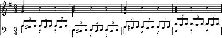 << \override Score.Rest #'style = #'classical \new Staff { \key g \major \time 3/4 \relative f' { <fis b d>4 r r <g b d> r r | <e a c> r r <fis a c> r r } }
\new Staff { \clef bass << \new Voice \relative b { \stemUp \repeat unfold 3 { \times 2/3 { b8 ais b } } | \repeat unfold 3 { \times 2/3 { e, dis e } } | \repeat unfold 3 { \times 2/3 { a gis a } } | \repeat unfold 3 { \times 2/3 { d c d } } }
\new Voice { \stemDown b4 r r e r r a r r d r r } >> } >>