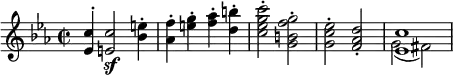 { \relative c'' { \key c \minor \time 2/2
<c ees,>4^. <c e,>2\sf <e bes>4^. |
<f aes,>-. <g e>-. <aes f>-. <b d,>-. |
<c g ees c>2-. <g f b, g>-. | <ees c g>-. <d aes f>-. |
<< { <c ees,>1 } \\ { g2( fis) } >> } }