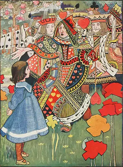 The Queen of Hearts, standing in her rose garden, gestures angrily towards Alice.