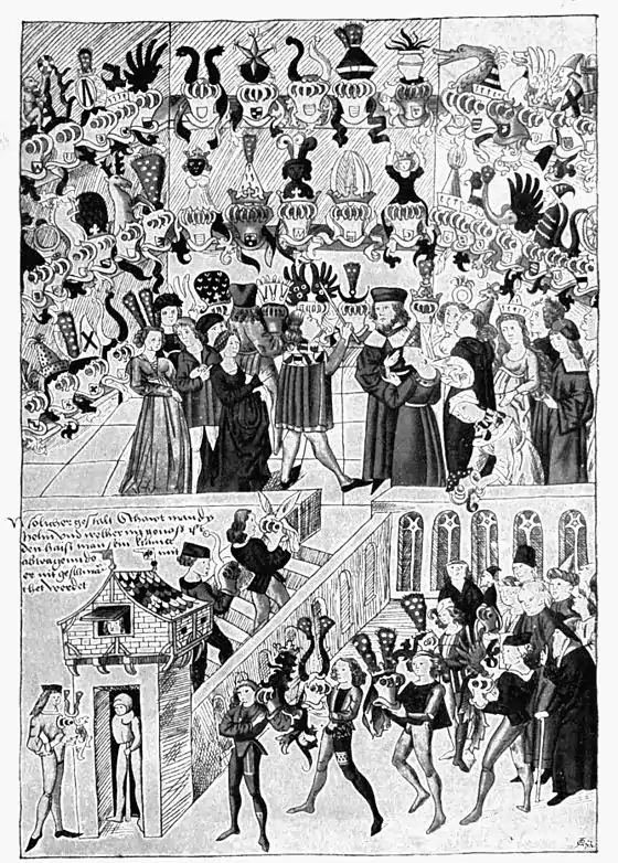 Fig. 12.—Helmschau or Helmet-Show. (From Konrad Grünenberg's Wappencodex zu München.) End of fifteenth century.