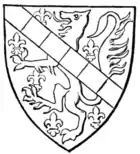Fig. 62.—Arms of John de Beaumont, Lord Beaumont (d. 1369): Azure, semé-de-lis and a lion rampant or, over all a bend gobony argent and gules. (From his seal.)