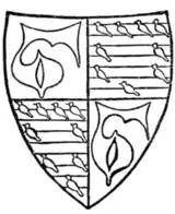 Fig. 121.—Arms of Laurence de Hastings, Earl of Pembroke (d. 1348); Quarterly, 1 and 4, or, a maunch gules (for Hastings); 2 and 3, barruly argent and azure, an orle of martlets (for Valence). (From his seal.)