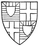 Fig. 209.—The arms of Roger Mortimer, Earl of March and Ulster (d. 1398): Quarterly, 1 and 4, azure, three bars or (sometimes but not so correctly quoted barry of six), on a chief of the first two pallets between two base esquires of the second, over all an inescutcheon argent (for Mortimer); 2 and 3, or, a cross gules (for Ulster). (From his seal.)