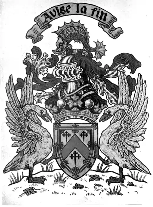 Fig. 229.—Armorial bearings of Sir Archibald Kennedy, Marquess of Ailsa: Argent, a chevron gules between three cross crosslets fitchée sable, all within a double tressure flory and counter-flory of the second. Mantling gules, doubled ermine. Crest: upon a wreath of his liveries, a dolphin naiant proper. Supporters: two swans proper, beaked and membered gules. Motto: "Avise la fin." (From the painting by Mr. Graham Johnston in the Lyon Register.)