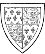 Fig. 720.—Thomas of Woodstock, Earl of Buckingham, seventh son of Edward III.: France (ancient) and England quarterly, a bordure argent. (From a drawing of his seal, 1391, MS. Cott., Julius, C. vii.)
