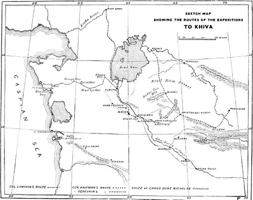 Decisive Battles Since Waterloo-Sketch map showing the routes of the expeditions to Khiva.jpg