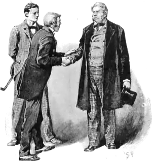 Two people shaking hands with another person behind them watching