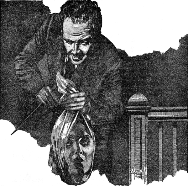 Drawing of a man in a suit holding a knife in his right hand and a woman's head in a bag in his left hand.