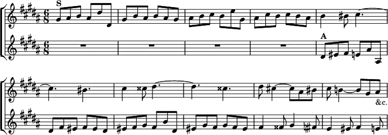 \new ChoirStaff << \override Score.BarNumber #'break-visibility = #'#(#f #f #f) \new Staff \relative g' { \key gis \minor \time 6/8 gis8^\markup \bold "S" ais b ais dis dis, |
gis b ais b ais gis | ais b cis b e gis, |
ais cis b cis b ais | %page change
b4 bis8 cis4. ~ | cis bis | cis4 cisis8 dis4. ~ |
dis cisis | dis8 cis!4 ~ cis8 ais bis |
cis b!4 ~ b8 gis ais_"&c." }
\new Staff \relative d' { \key gis \minor R2.*4 dis8^\markup \bold "A" eis fis e ais ais, |
dis fis eis fis eis dis |
eis fis gis fis b dis, | eis gis fis gis fis eis |
fis4 fisis8 gis4 fis8 | e4 eis8 fis4 e8 } >>
