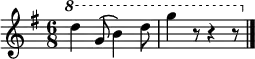 { \new Staff <<
\set Staff.midiInstrument = #"recorder"
\clef treble \time 6/8 \key g \major
\relative c''' {
\set Staff.ottavationMarkups = #ottavation-ordinals
\ottava #1
d4 g,8 (b4) d8 | (g4) r8 r4 r8 \bar "|."
}
>> }