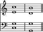{ \override Score.TimeSignature #'stencil = ##f \time 4/4 << { <c'' e'>1 <b' d'> \bar "||" } \new Staff { \clef bass { <g c>1 <g g,> } } >> }
