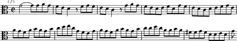 \relative g' { \clef alto \key c \major \time 2/2 \override Score.BarNumber #'break-visibility = #'#(#f #f #f) \mark \markup \tiny { ( \italic f ) }
g2 ~ g8 g a g | f e d4 r8 f g f |
e d c4 r8 g' a g | %end of first line
f e d e f d g f | e d c d e f g e |
a g f a b a g b | %end of second line
c d e c g f e g | a g f a b a g b |
c c d c a a b a | fis fis g fis d d e d | g }