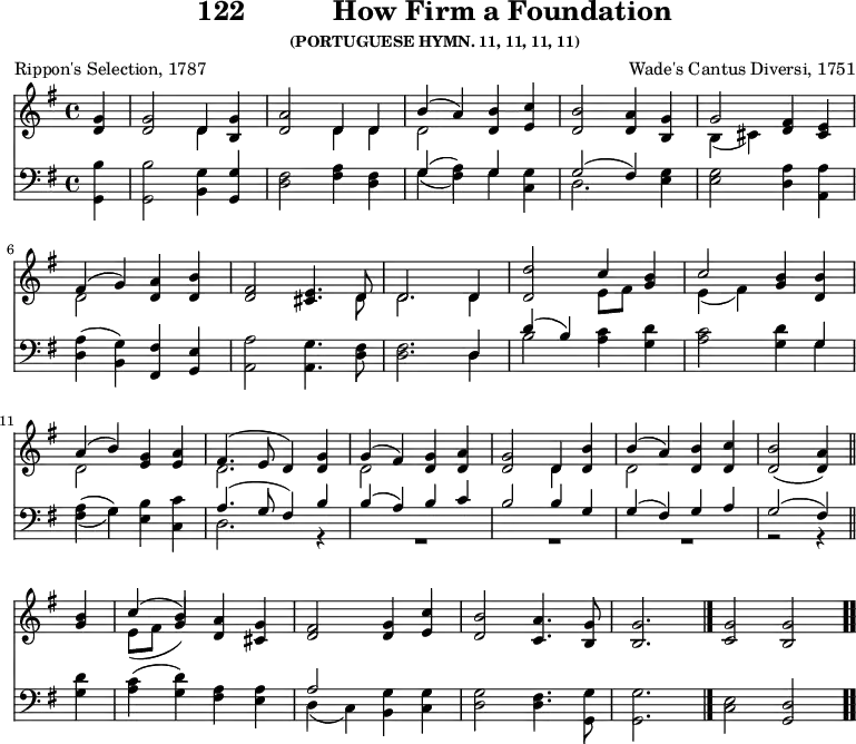 \version "2.16.2" 
\header { tagline = ##f title = \markup { "122" "          " "How Firm a Foundation" } subsubtitle = "(PORTUGUESE HYMN. 11, 11, 11, 11)" composer = "Wade's Cantus Diversi, 1751" poet = "Rippon's Selection, 1787" }
\score { << << \new Staff { \key g \major \time 4/4 \partial 4 \relative g' {
  <g d>4 | q2 << { d4 } \\ { d } >> <g b,> |
  <d a'>2 << { d4 d } \\ { d d } >> |
  << { b'4( a) } \\ { d,2 } >> <d b'>4 <e c'> |
  <d b'>2 <d a'>4 <b g'> |
  << { g'2 } \\ { b,4( cis) } >> <d fis> <e cis> | \break
  << { fis( g) } \\ { d2 } >> <d a'>4 <d b'> |
  <fis d>2 <e cis>4. << { d8 d2. d4 } \\ { d8 d2. d4 } >>
  <d d'>2 << { c'4 <b g> c2 } \\ { e,8[ fis] s4 e( fis) } >> <g b>4 <d b'> | \break
  << { a'4( b) } \\ { d,2 } >> <g e>4 <a e> |
  << { fis4.( e8 d4) } \\ { d2. } >> |
  <g d>4 | << { g4( fis) } \\ { d2 } >> <g d>4 <a d,> |
  <g d>2 << { d4 } \\ { d } >> <d b'> |
  << { b'4( a) } \\ { d,2 } >> <d b'>4 <d c'> |
  <d b'>2( <d a'>4) \bar"||" \break 
  <g b> |
  << { c( b) } \\ { e,8([ fis] \stemUp g4) } >> <a d,> <g cis,> |
  <fis d>2 <g d>4 <c e,>
  <b d,>2 <a c,>4. <g b,>8 | q2. \bar "|."
  \cadenzaOn <g c,>2 <g b,> \bar ".." } }
\new Staff { \clef bass \key g \major \relative g, {
  <g b'>4 
  q2 <b g'>4 <g g'> |
  <d' fis>2 <fis a>4 <d fis> |
  << { g( \stemDown a) \stemUp g } \\ { g( fis) g } >> <g c,> |
  << { g2( fis4) } \\ { d2. } >> <e g>4 |
  q2 <d a'>4 <a a'> |
  <d a'>( <b g'>) <fis fis'> <g e'> |
  <a a'>2 <a g'>4. <d fis>8 | q2. << { d4 } \\ { d4 } >> |
  << { d'4( b) } \\ { b2 } >> <a c>4 <g d'> |
  <a c>2 <g d'>4 << { g4 } \\ { g4 } >> | % end of line 2
  << { \stemDown a4( g) } \\ { fis4( g) } >> <e b'> <c c'> |
  << { a'4.( g8 fis4) } \\ { d2. } >>
  << { b'4 | b( a) b c | b2 b4 g | g( fis) g a g2( fis4) } \\
     { r | R1*3 | r2 r4 } >> % end of line 3
  <g d'> |
  <a c>( <g d'>) <fis a> <e a> |
  << { a2 } \\ { d,4( c) } >> <b g'> <c g'> |
  <d g>2 <d fis>4. \stemDown <g, g'>8 | q2. |
  \stemNeutral <c e>2 <g d'> } } >> >>
\layout { indent = #0 }
\midi { \tempo 4 = 96 } }

