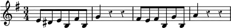 \relative e' { \key e \minor \time 3/4 \override Score.Rest #'style = #'classical e8 dis e b fis' b, | g'4 r r | fis8 e fis b, g' b, | a'4 r r }