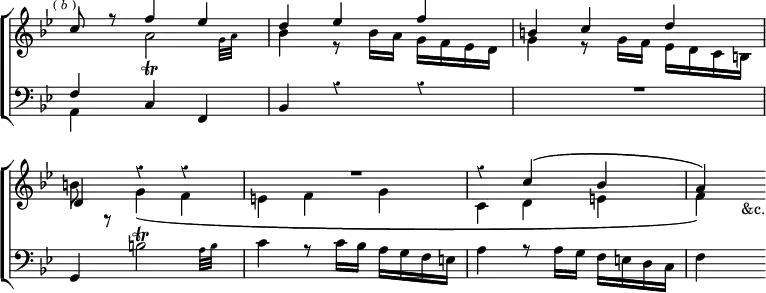 %based on the accidentals in the second line, assuming that D major is incorrect for that line
\new ChoirStaff << \override Score.BarNumber #'break-visibility = #'#(#f #f #f) \override Score.TimeSignature #'stencil = ##f \override Score.Rest #'style = #'classical
\new Staff \relative c'' { \key bes \major \time 3/4 \mark \markup \tiny { (\italic"b") } <<
{ c8 r f4 ees | d ees f | b, c d | d, r r |
R2. | r4 c'^\( bes a\) } \\
{ s4 \afterGrace a2_\trill { g32 a } |
bes4 r8 bes16 a g f ees d |
g4 r8 g16 f ees d c b | b'8 r g4_\( f |
e f g | c, d e | f\) s_"&c." } >> }
\new Staff \relative f { \clef bass \key bes \major <<
{ f4 c f, | bes r r | R2. \stemNeutral
g4 \afterGrace b'2\trill { a32 b } |
c4 r8 c16 bes a g f e |
a4 r8 a16 g f e d c | f4 s } \\
{ a,4 } >> } >>