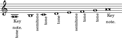\new Staff \relative a { \time 32/1 \override Score.TimeSignature #'stencil = ##f
a\breve_\markup \small \center-column { Key note. }_\markup \small \rotate #90 "tone"
b1_\markup \small \rotate #90 "semitone"
c_\markup \small \rotate #90 "tone"
d_\markup \small \rotate #90 "tone"
e_\markup \small \rotate #90 "semitone"
f_\markup \small \rotate #90 "tone"
g_\markup \small \rotate #90 "tone"
a\breve_\markup \small \center-column { Key note. } }