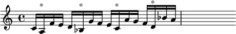 { \time 4/4 \relative c' { c16 a^"*" f' e d bes^"*" g' f e c^"*" a' g f d^"*" bes' a | s } }