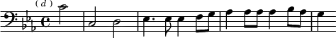 \relative c' { \clef bass \key ees \major \time 4/4 \partial 2 \mark \markup \tiny { ( \italic d ) } c2 | c, d | ees4. ees8 ees4 f8 g | aes4 aes8 aes aes4 bes8 aes | g4 }