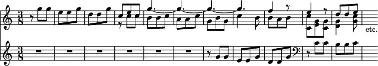 << \new Staff { \time 3/8 << \new Voice \relative c'' { \stemUp s4. s s c8 e c | g'4. ~ g ~ g ~ g | f4 r8 | e4 r8 | d d e }
\new Voice \relative g'' { \stemDown r8 g g | e e g | d d g | r c, c | b b c | a a c | g b g | c4 b8 | b a b | <c c,> <g e> <g c,> | <g d>4 <g c>8 | s_"etc." } >> }
\new Staff { \relative g' { \override Score.Rest #'style = #'classical R4.*6| r8 g g | e e g | d d g | \clef bass r c, c | b b c | s } } >>