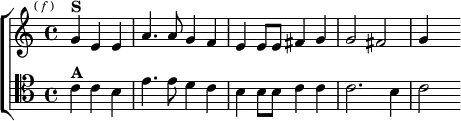 \new ChoirStaff <<
\new Staff \relative g' { \key c \major \time 4/4 \partial 2. \mark \markup \tiny { (\italic"f") }
g4^\markup \bold "S" e e | a4. a8 g4 f | e e8 e fis4 g |
g2 fis | g4 s }
\new Staff \relative c' { \key c \major \clef tenor
c4^\markup \bold "A" c b | e4. e8 d4 c | b b8 b c4 c |
c2. b4 | c2 } >>