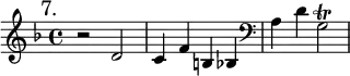 { \mark "7." \key d \minor \time 4/4 \relative d' {
r2 d | c4 f b, bes \clef bass a d g,2\trill } }