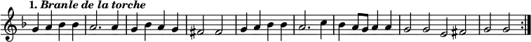 { \override Score.TimeSignature #'stencil = ##f \time 4/4 \key f \major \tempo \markup { 1. \italic "Branle de la torche" } \partial 16 \relative g' { s16 \bar ":" g4 a bes bes | a2. a4 | g bes a g | fis2 fis | g4 a bes bes | a2. c4 | bes a8 g a4 a | g2 g \bar ":|:" \repeat volta 1 { e fis | g g } } }