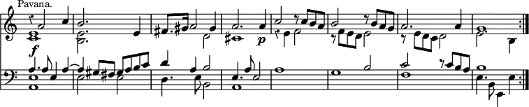 { << \new Staff << \override Score.Rest #'style = #'classical \override Score.TimeSignature #'stencil = ##f \time 4/4 \mark \markup \small "Pavana."
\new Voice \relative a' { \stemUp
r4 a2 c4 | b2. e,4 | fis8. gis16 a2 gis4 | %end line 1
a2. a4\p | c2 r8 c b a | b2 r8 b a g | a2. a4 g1 \bar ":|." }
\new Voice \relative c' { \stemDown
<c e>1\f | <b e>2. s4 | s2 d | %end line 1
cis1 | r4 e f2 | r8 f e d e2 | %end line 2
r8 e d c d2 | e2. b4 } >>
\new Staff << \clef bass
\new Voice \relative a { \stemUp
a4. a8 e4 a ^~ | a gis8 fis gis a b c | d4 a b2 | %end line 1
e,4. a8 e2 | s1 s2 b' | c r8 c b a | b1 }
\new Voice \relative e { \stemDown
<e a,>1 | e2 e | d4. e8 b2 | %end line 1
a1 a' g | f | e4. b8 e,4 e' } >> >> }