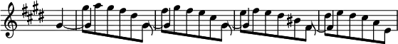 { \time 3/4 \override Score.TimeSignature #'stencil = ##f \key e \major \partial 4 \relative g' { << { \tieDown gis4 ~ gis s4. \once \override Stem #'stencil = ##f gis8 ~ gis4 s4. \once \override Stem #'stencil = ##f gis8 ~ gis4 s4. \once \override Stem #'stencil = ##f fis8 ~ fis4 } \\ { s4 | gis'8 a gis fis dis gis, | fis' gis fis e cis gis | e' fis e dis bis fis | dis' e dis cis a e | } >> } }