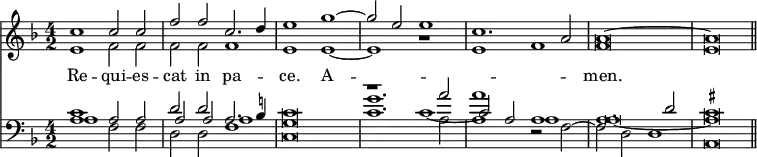 { << \new Staff { \time 4/2 \key f \major <<
\new Voice \relative c'' { \stemUp c1 c2 c | f f c2. d4 | e1 g ^~
g2 e e1 | c1. a2 | a\breve ^~ a \bar "||" }
\new Voice = "Alt" \relative e' { \stemDown e1 f2 f | f f f1 | e e ~
e r e f f\breve e } >> }
\new Lyrics \lyricsto "Alt" { Re -- qui -- es -- cat in pa -- ce. A -- _ _ men. }
\new Staff { \clef bass \key f \major <<
\new Voice \relative c' { \set suggestAccidentals = ##t \stemUp
c1 a2 a | d d a2. b!4 | c\breve
g'1. a2 | a1 a, | a1. d2 | cis\breve }
\new Voice { \stemUp a1 s | a2 a a1 | g\breve
r1 c' ~ | c'2 a a1 | a\breve _~ a }
\new Voice { \stemDown a1 f2 f | d d f1 | c\breve
c'1. a2 | a1 r2 f ~ | f d d1 | a,\breve } >> }
>> }