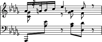 { \override Score.TimeSignature #'stencil = ##f \time 6/8 \key des \major << << \relative a' { aes16[ r32 a bes16 c] ees4 des8 r } \\ \relative g' { <ges c,>8 s r <aes ges> f } >>
\new Staff { \clef bass \key des \major \relative a,, { aes8 <aes'' ees'> r <aes c> <des des,> r } } >> }
